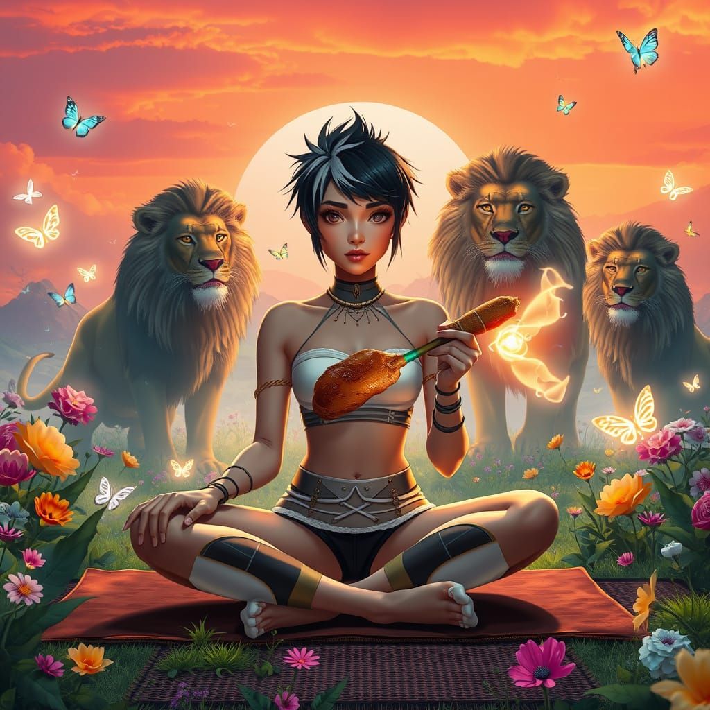 Futuristic Woman in Magical Garden with Glowing Wand