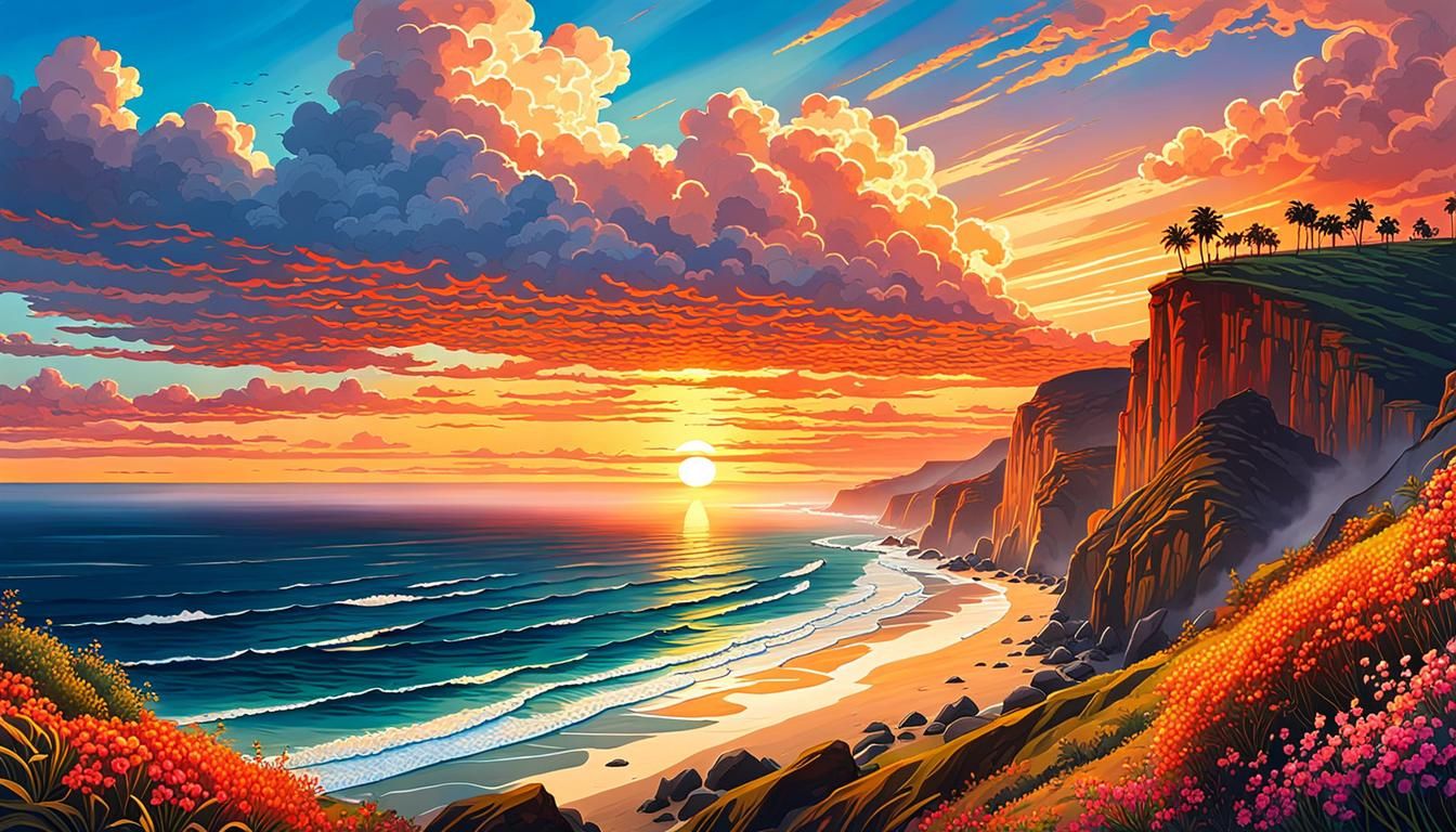 Pacific Coast Highway Sunset: Detailed Matte Painting