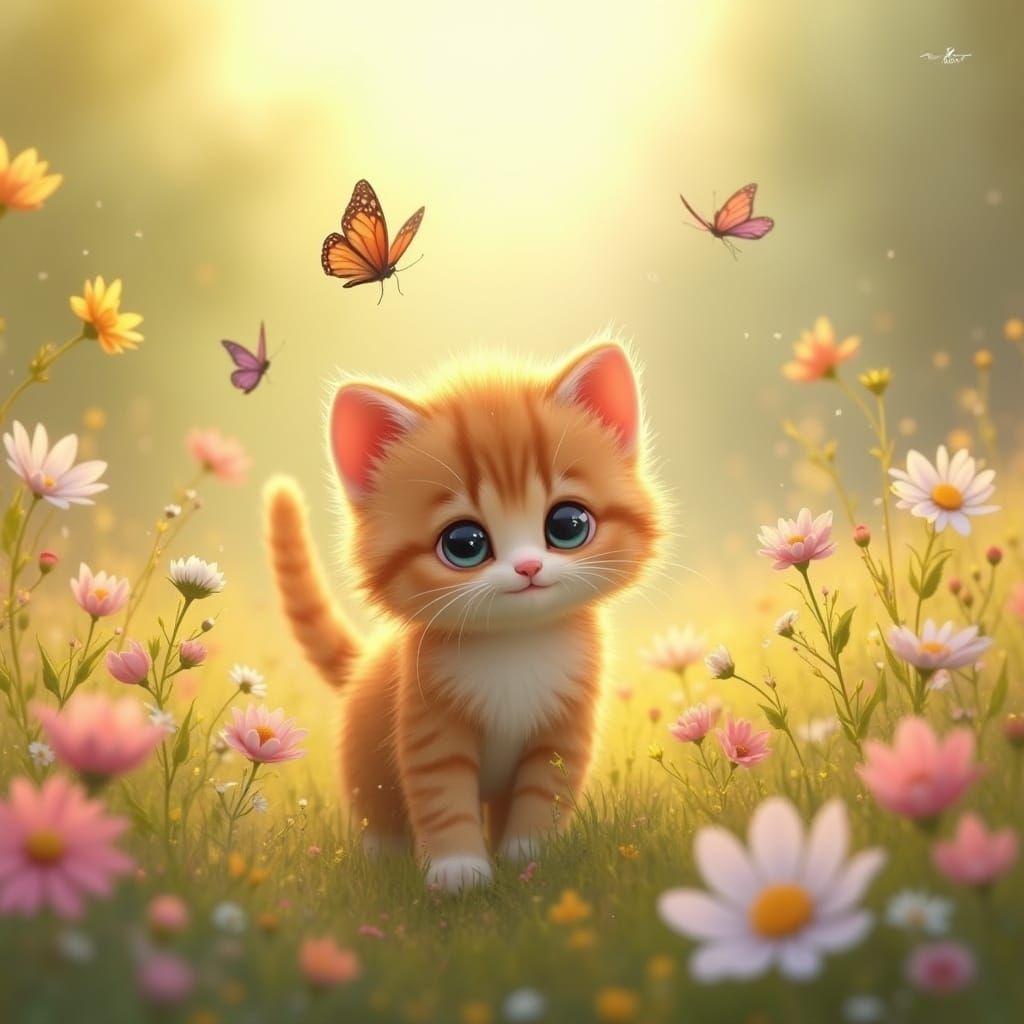 Ginger Kitten in Wildflower Meadow, Painterly Style