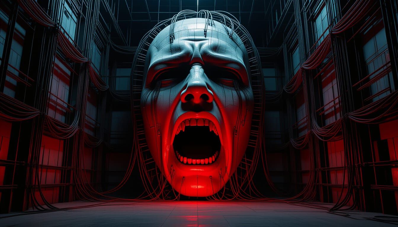 Colossal AI Interface in Red Light, Film Style