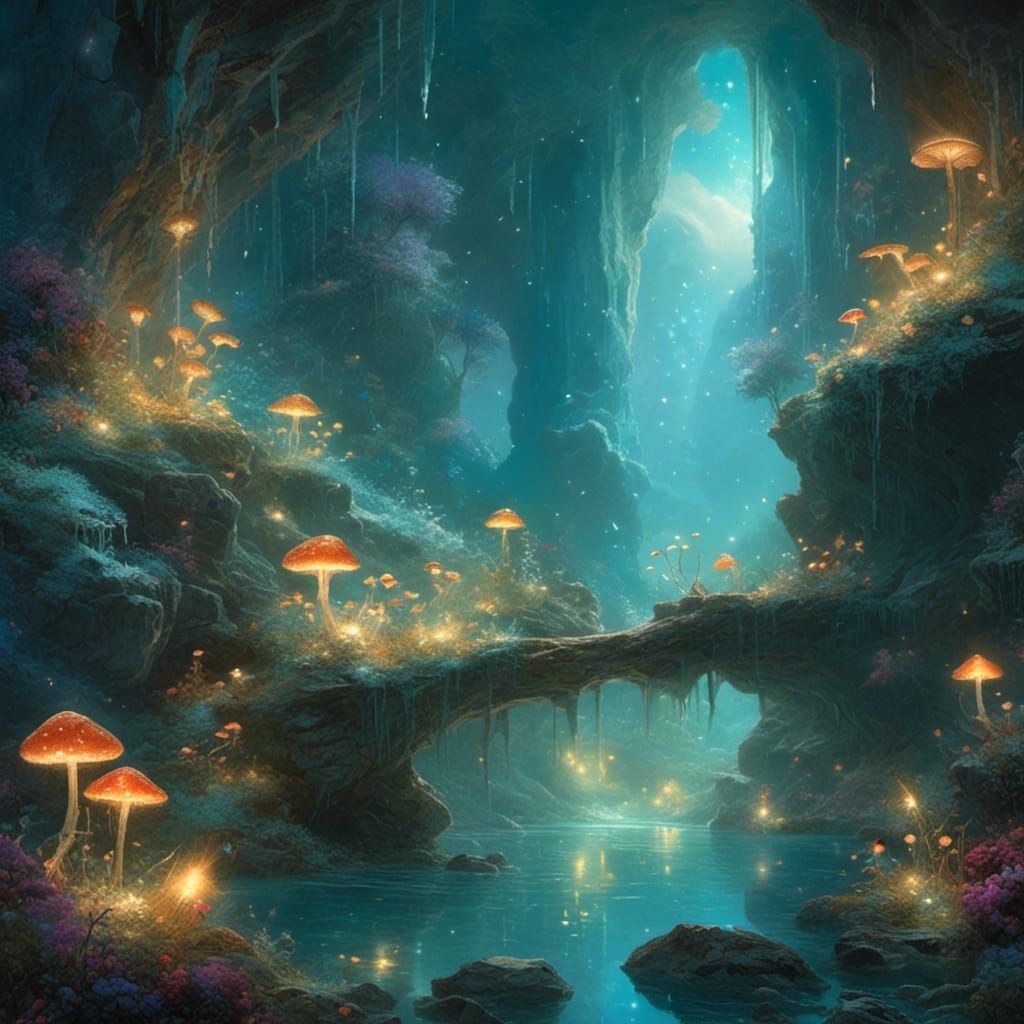 Crystal Cave with Sparkling Stalactites and Fireflies