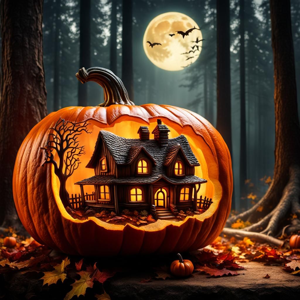 Hyperrealistic House Inside Carved Pumpkin in Forest