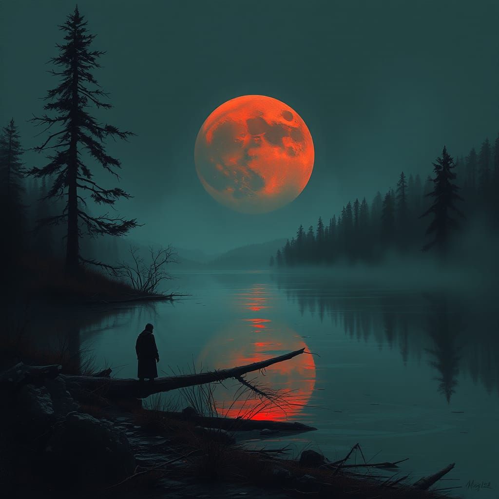 Blood Red Moon Bathes Sinister Lake
