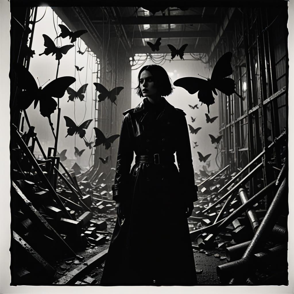 Goth Fashion Model Amidst Industrial Decay in High-Contrast ...