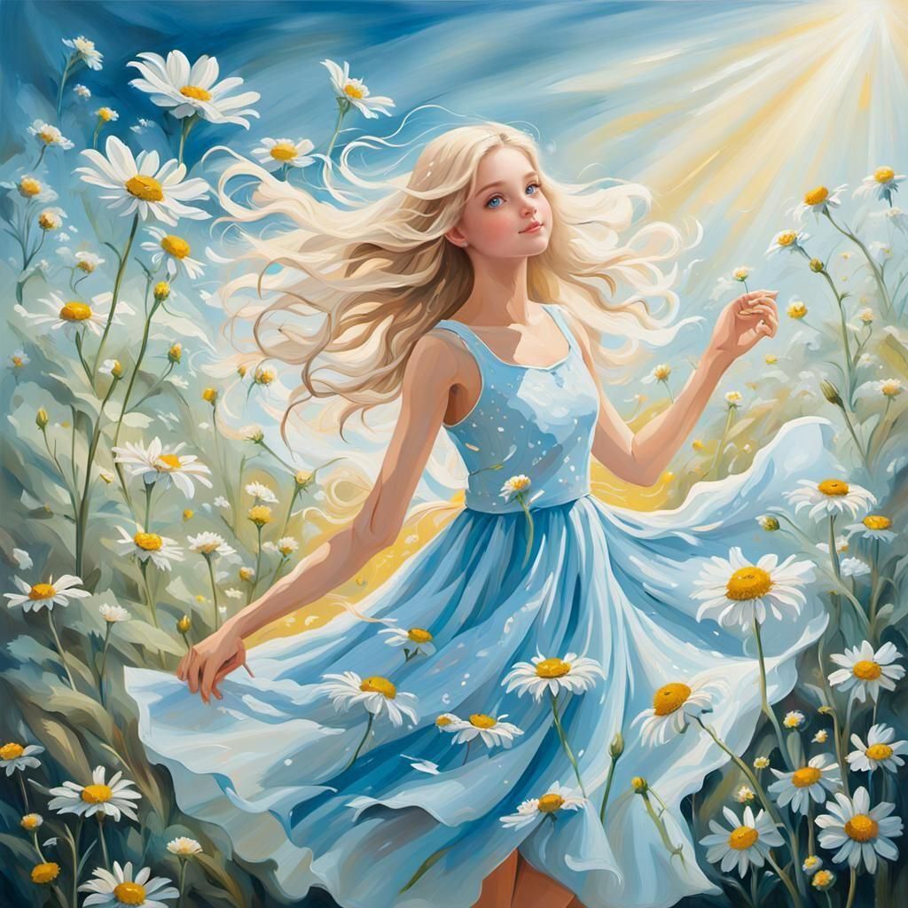 Blonde Woman Dancing in Chamomile Field, Fantasy Art