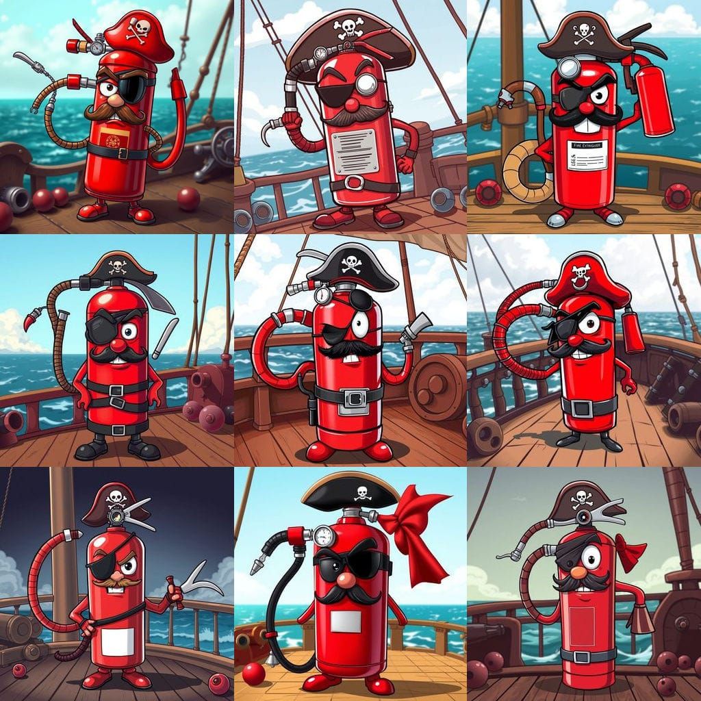 Cartoon Pirate Fire Extinguisher on Ship Deck
