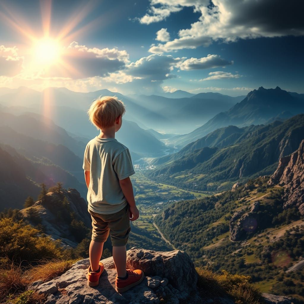 Child Overlooks Wildlife Valley in Digital Painting