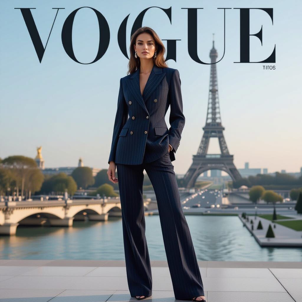 Elegant Woman in Pinstripe Suit on Vogue Cover