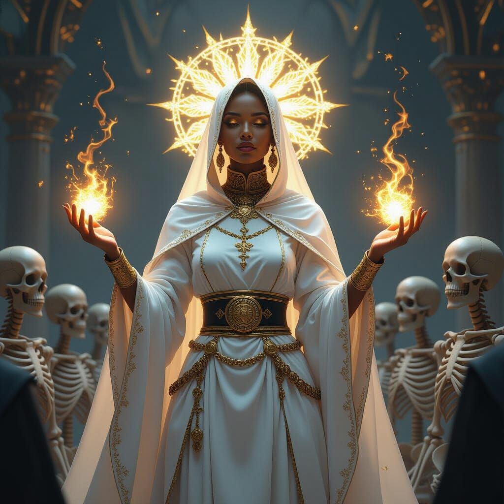 Black Woman Cleric Wields Holy Light, Dark Fantasy Art