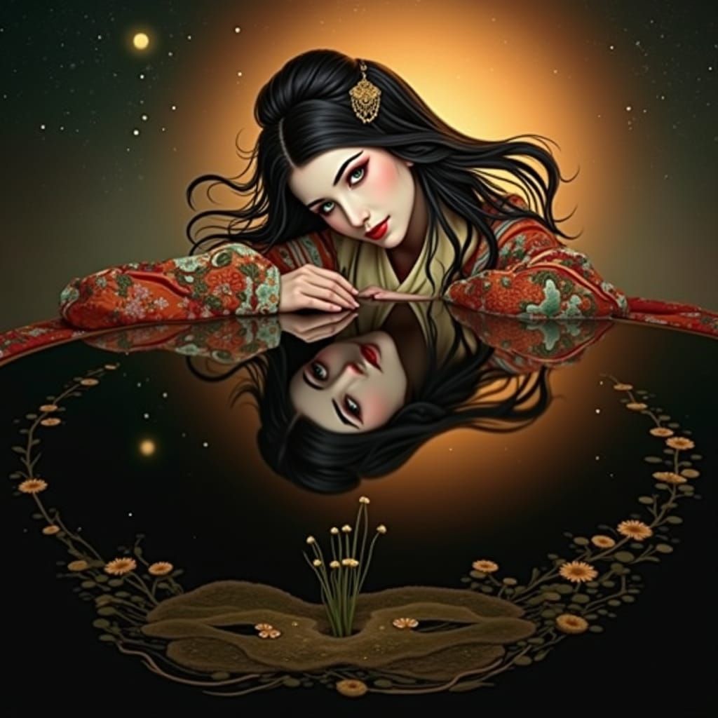 Geisha Portrait with Mirrored Reflection, Hyperrealistic Sty...