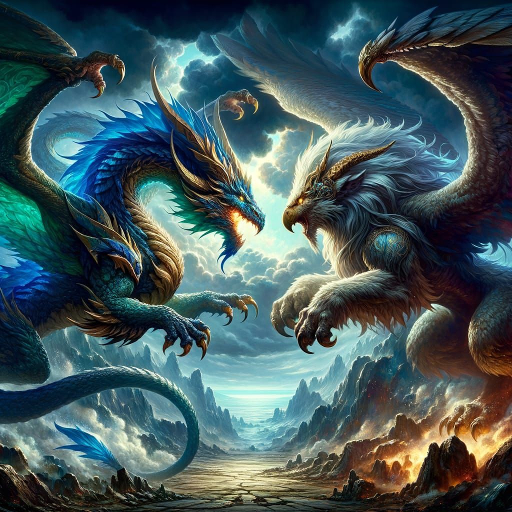 Dragon and Griffin Clash in Mystical Realm