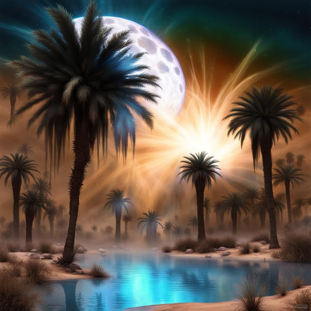 Bioluminescent Moon Over Desert Oasis