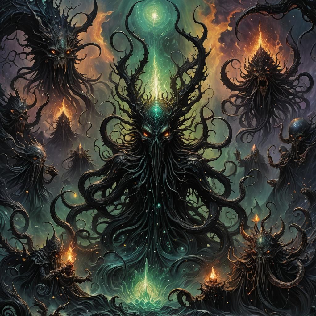 Envision a dark, mystical ritual, with a heavy metal band summoning an ancient, Lovecraftian horror from the depths of t...