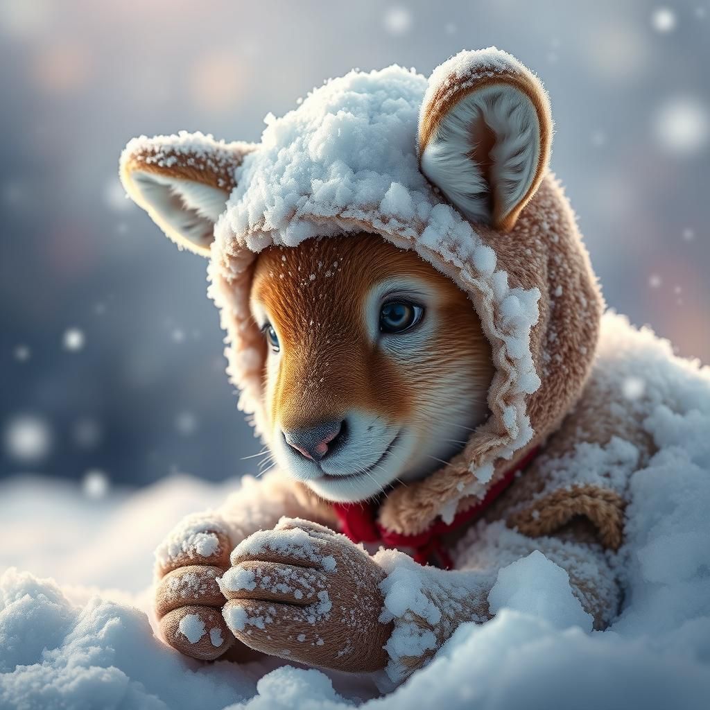 Adorable Baby Antelope in Snow: Hyperrealistic Digital Art