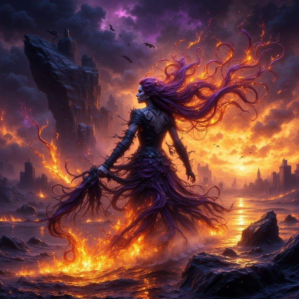 Fiery Battle Scene with Woman in Flames, Dark Fantasy Art