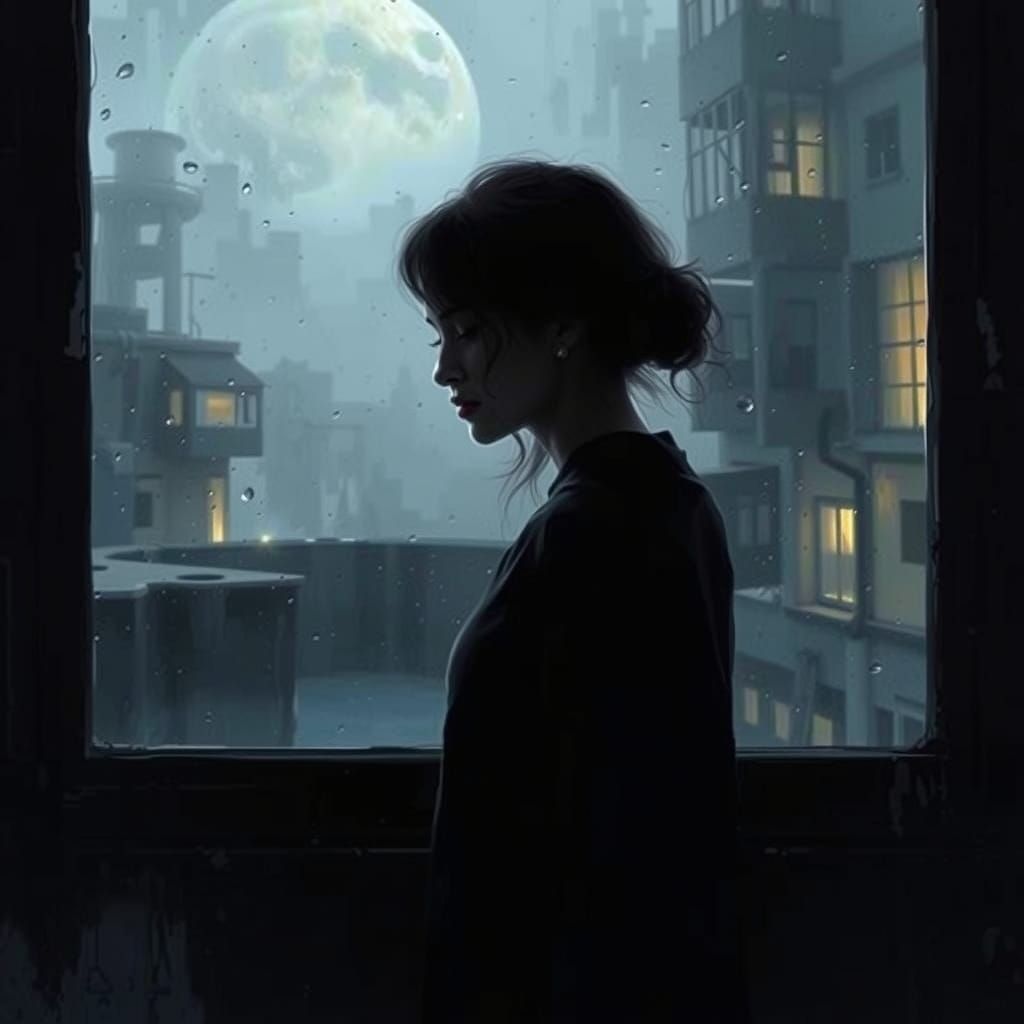 Woman Lost in Thought Amidst Rainy Grey Skies