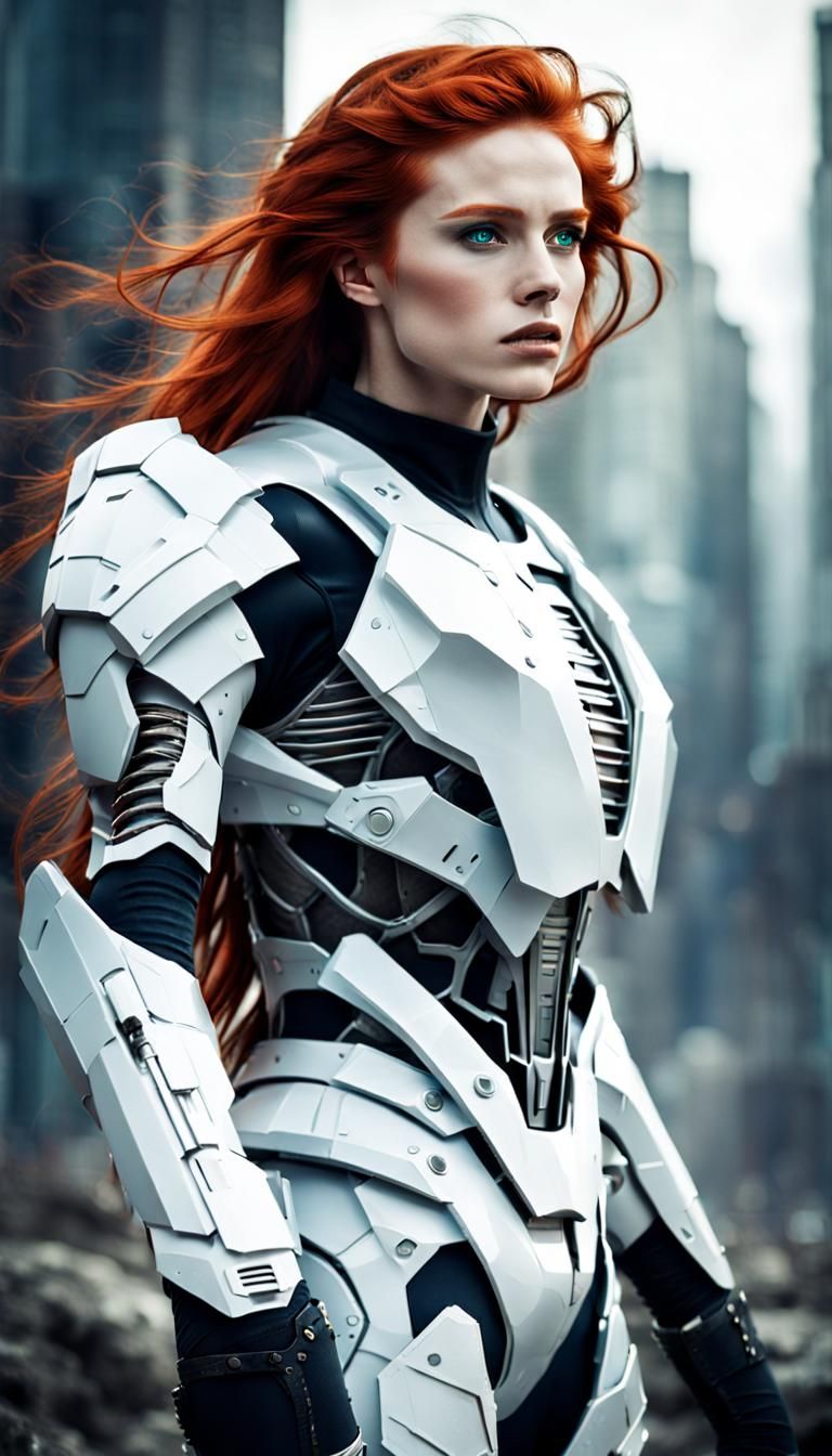 Futuristic Redhead Knight in Destroyed City