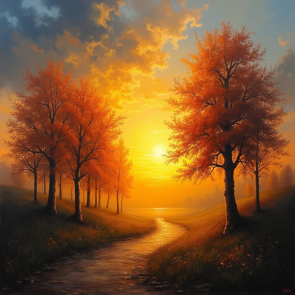 Impressionistic Sunset Landscape with Deciduous Trees