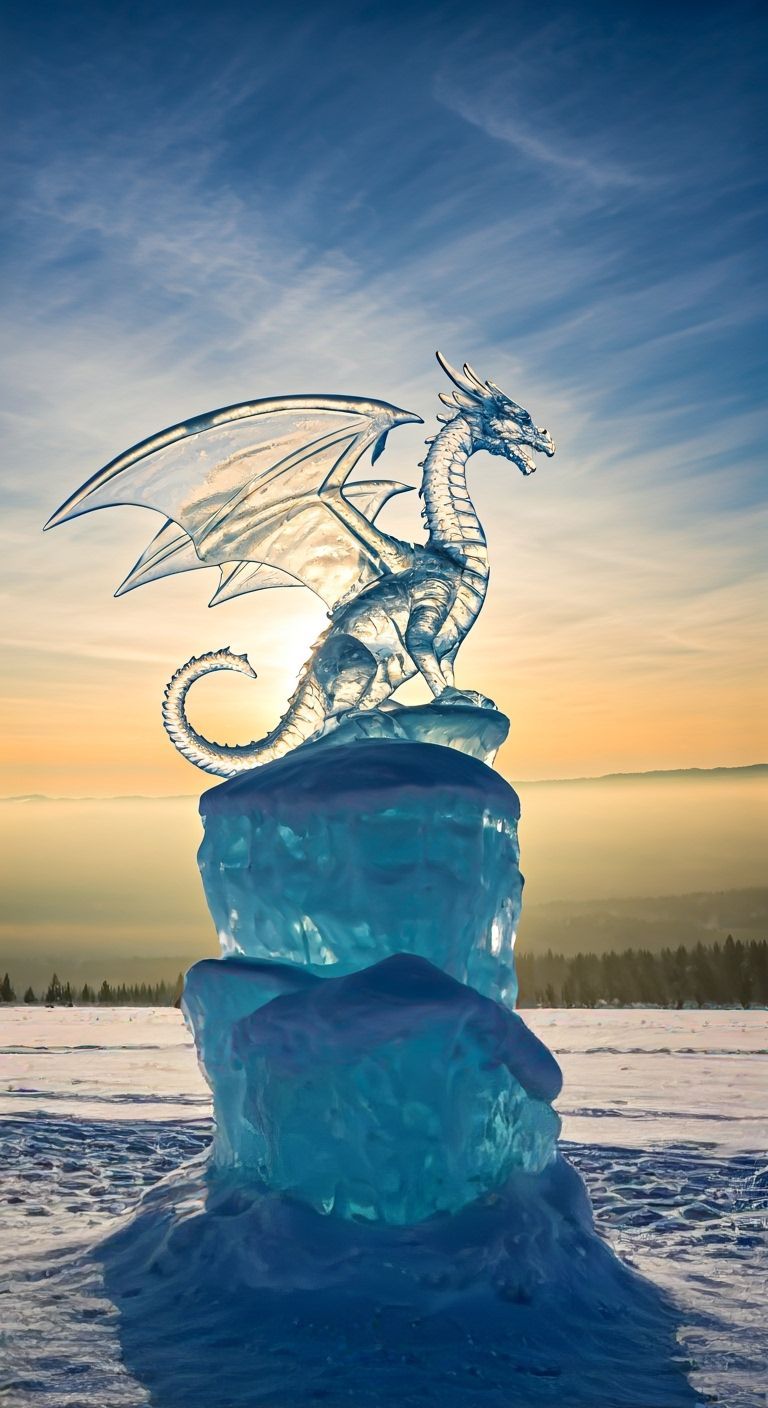 Photorealistic Ice Dragon Sculpture at Sunrise