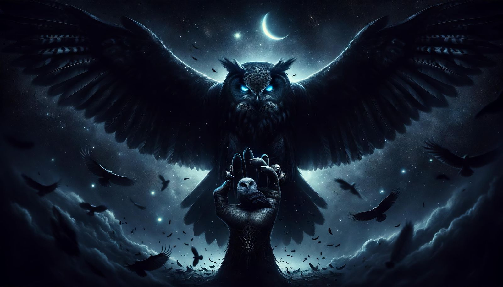 Mystical Black Owl Dominates Starry Night