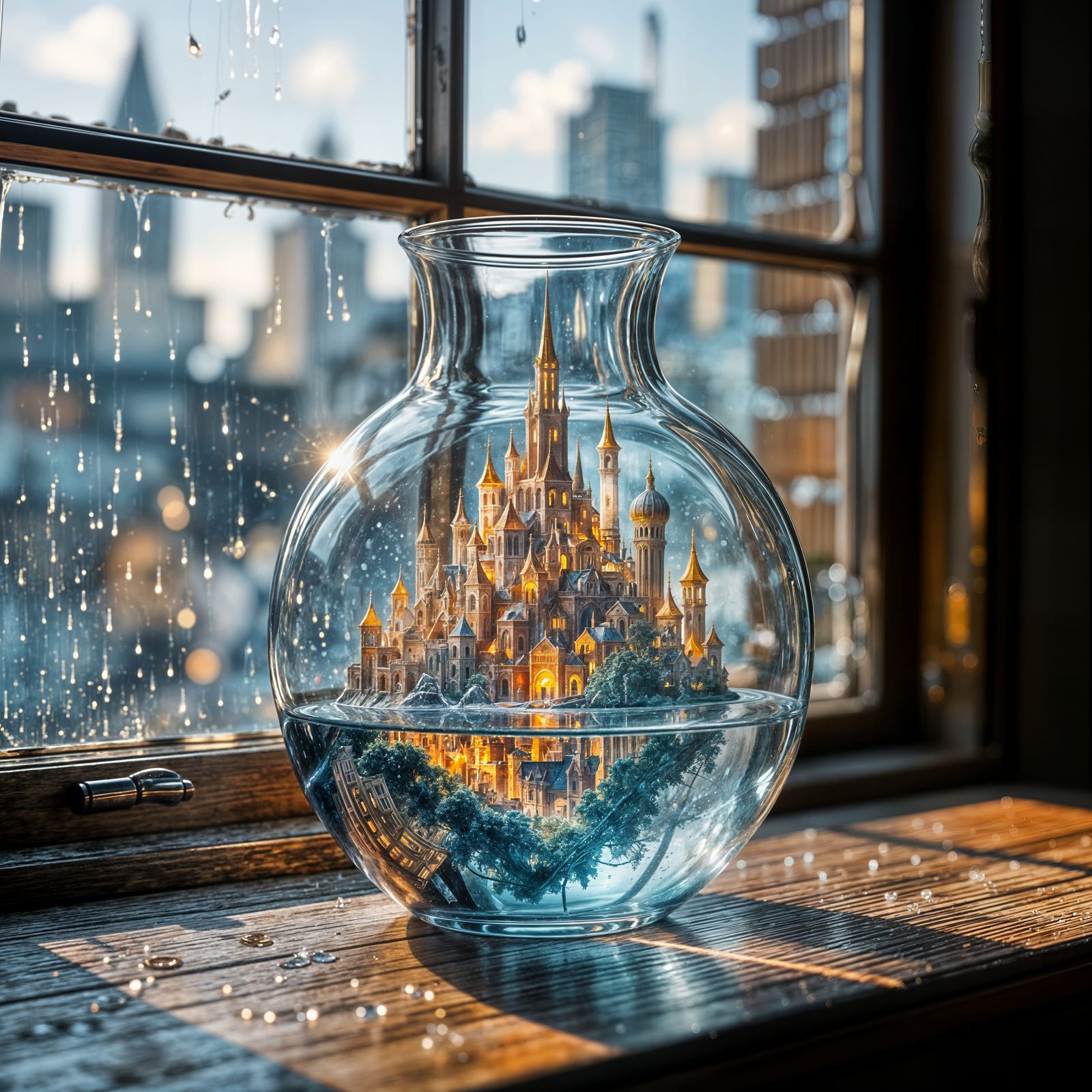 Cityscape Dreamscape in a Water-Filled Vase