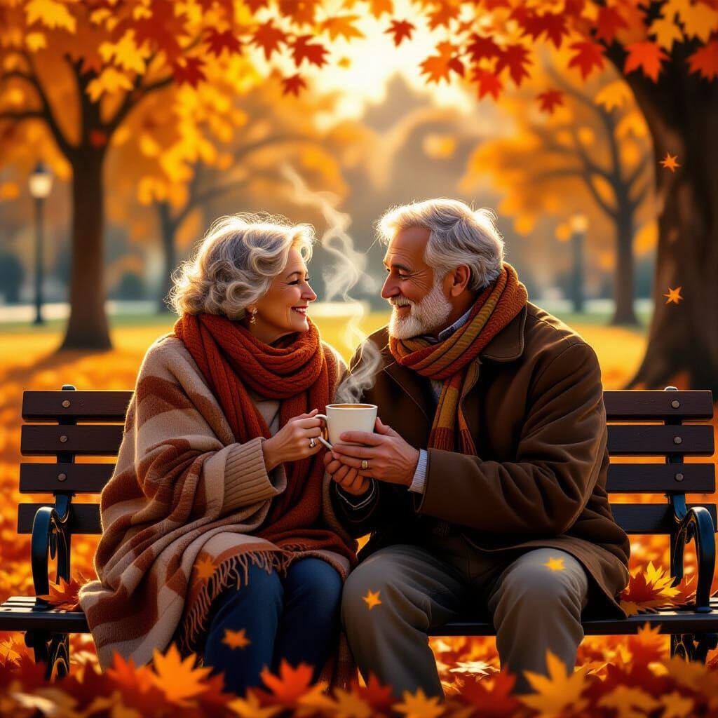 Cozy Autumn: Elderly Couple Sharing Cider in Impressionistic...