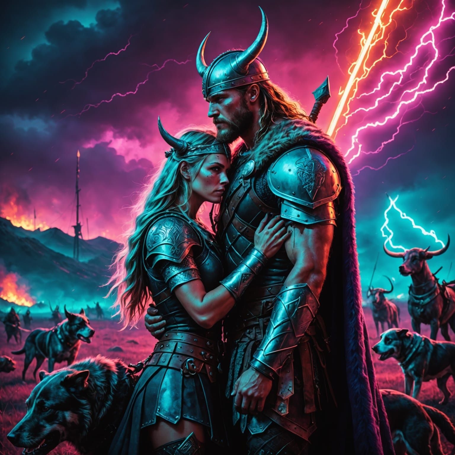 Viking Warriors in Triumph with Neon Wolf Hounds