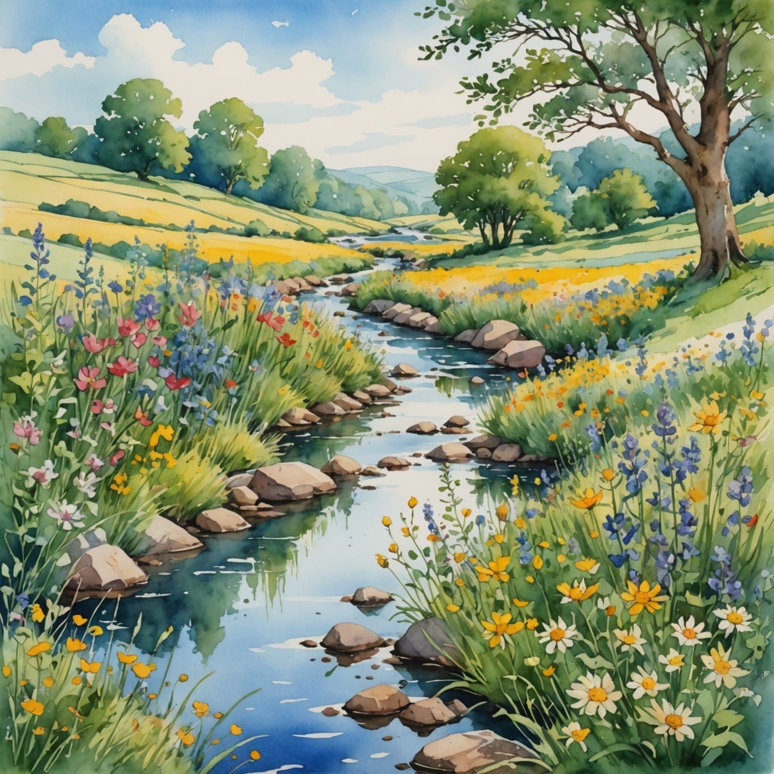 Watercolor Countryside Landscape with Wildflowers by Stream