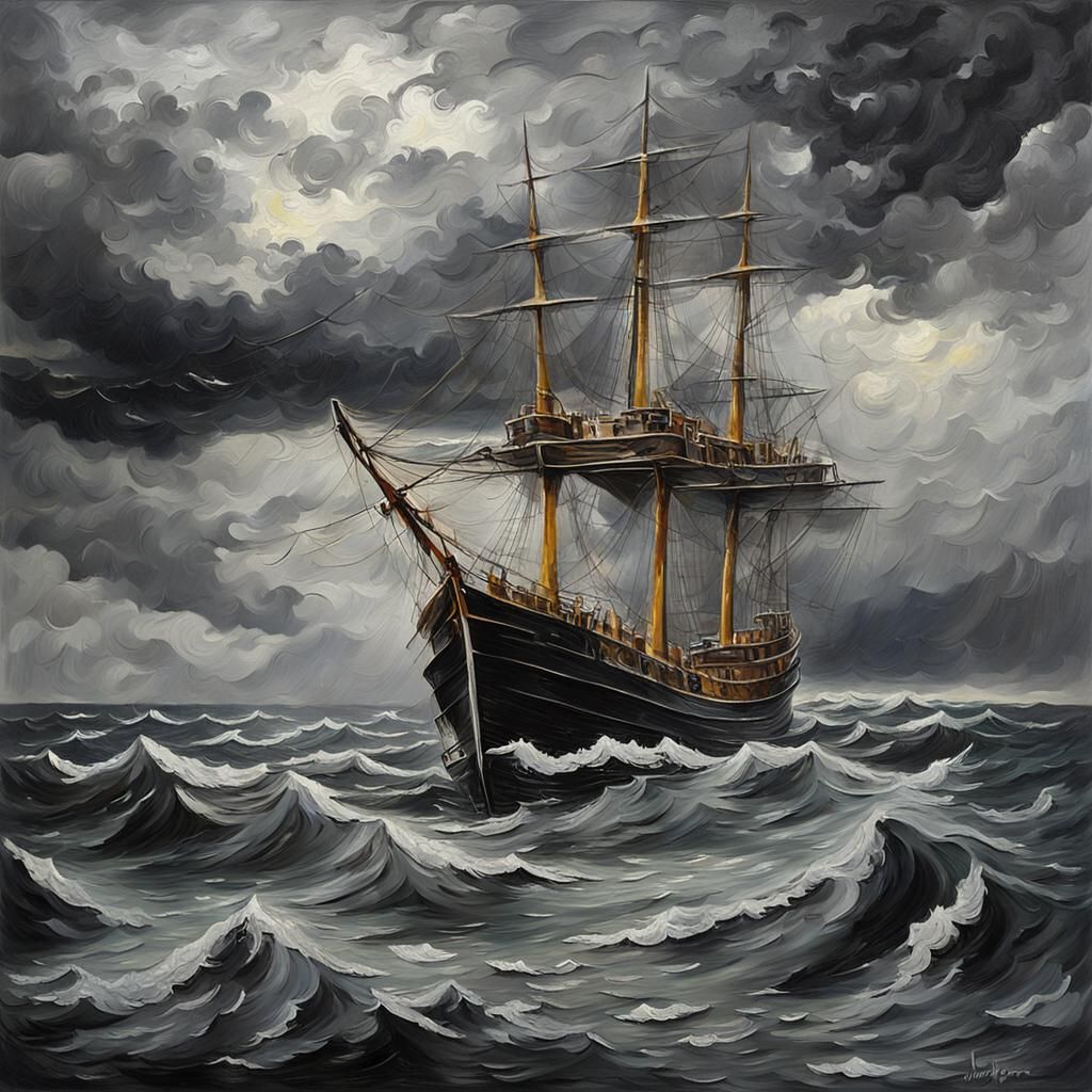Stormy Seas: Ship in Grey Oil Painting Style