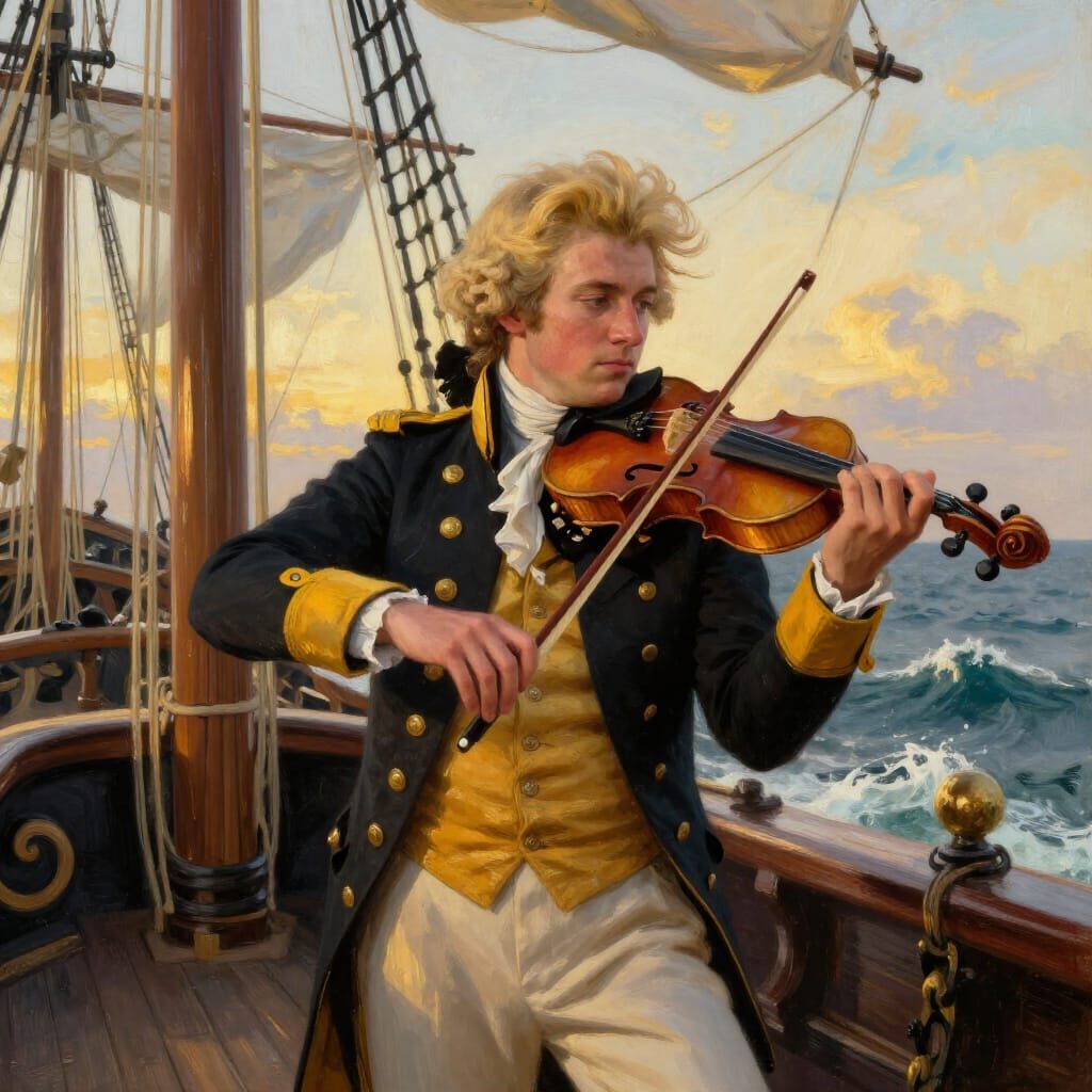 Naval Officer Plays Violin at Golden Hour