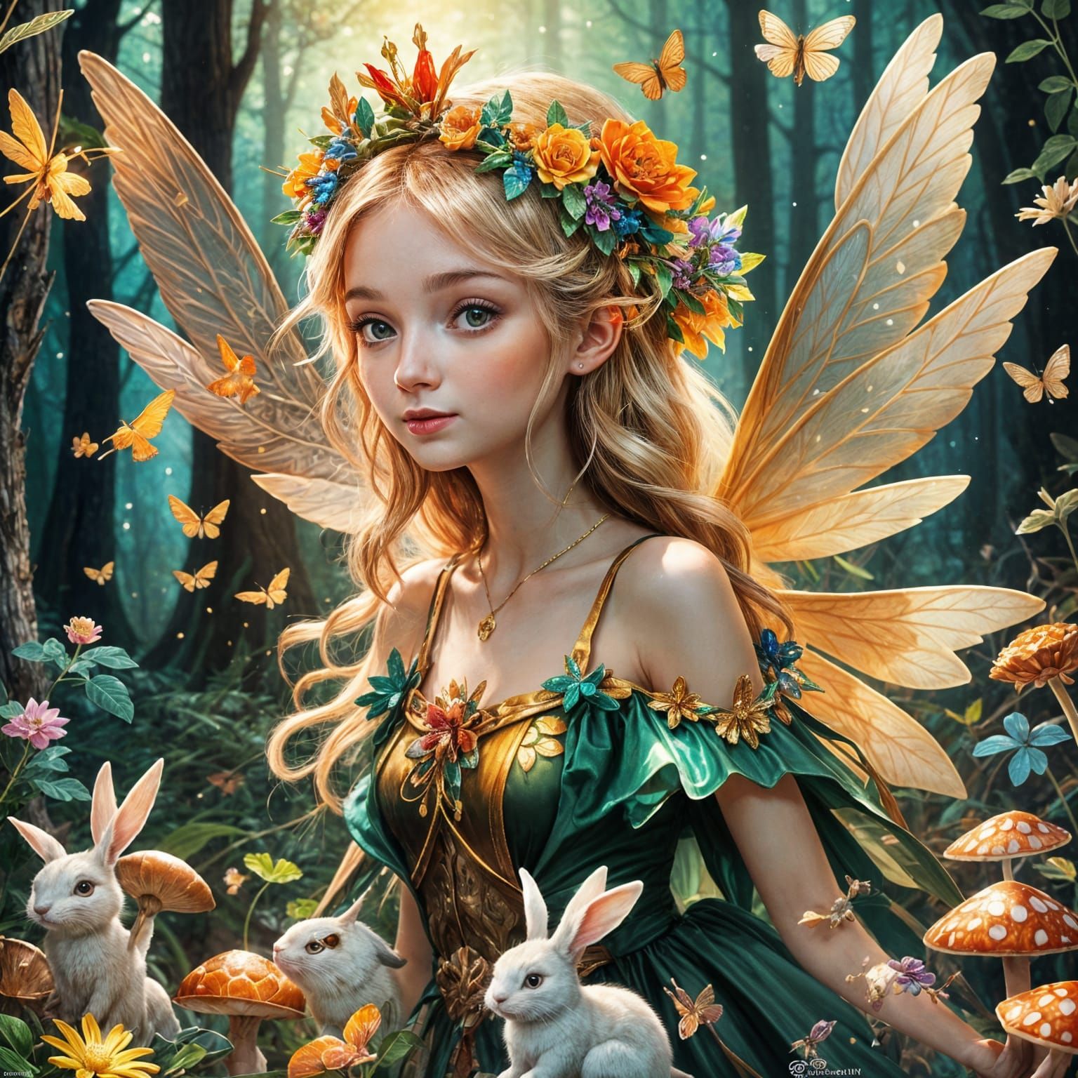 Enchanting Fairy with Bunny in Astral Forest