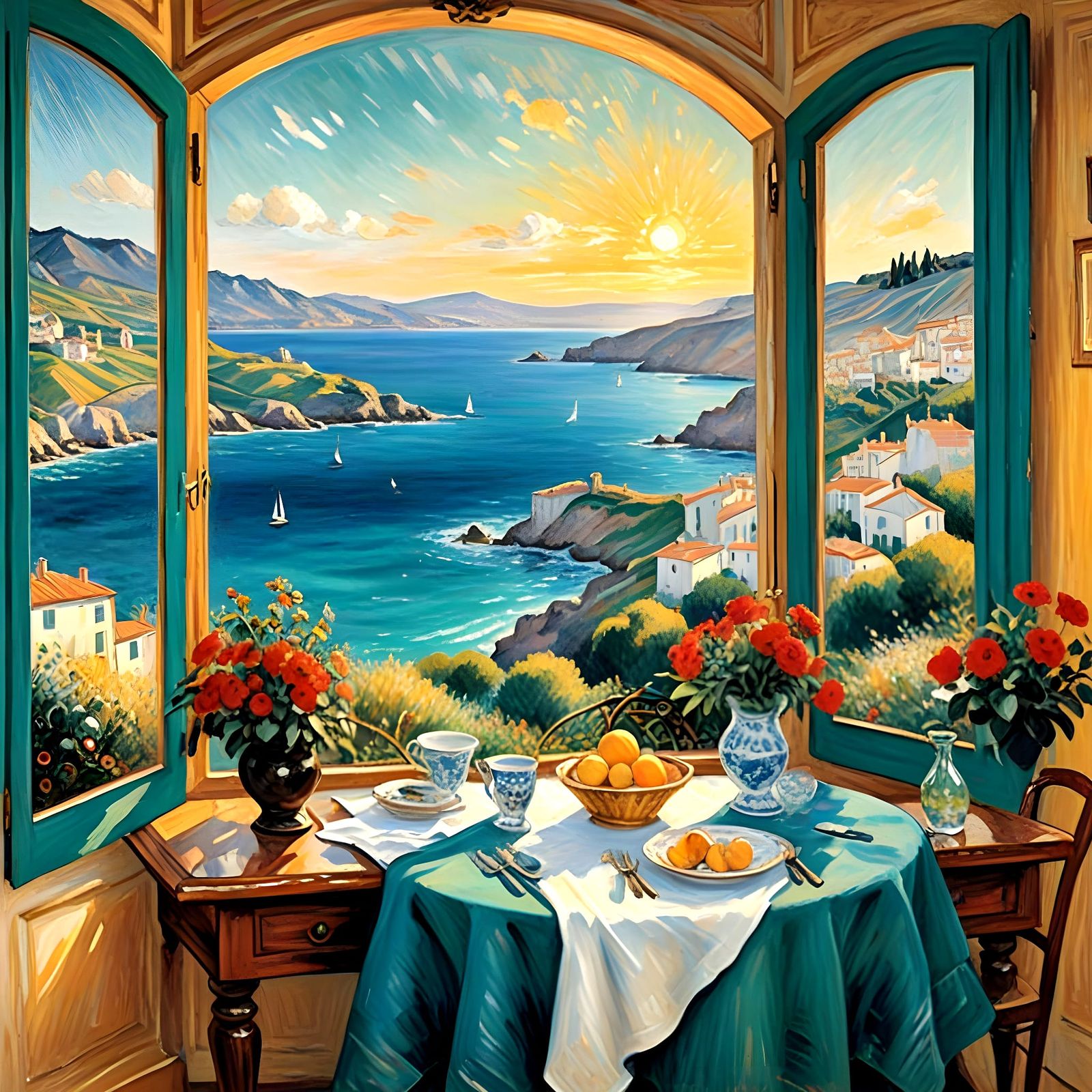 Romantic Mediterranean View in Teal and Gold