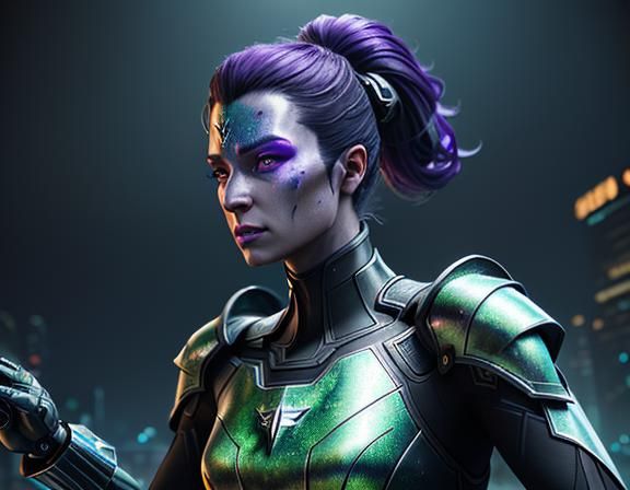 Cyberpunk Amphipioid Warrior in Underwater Metropolis