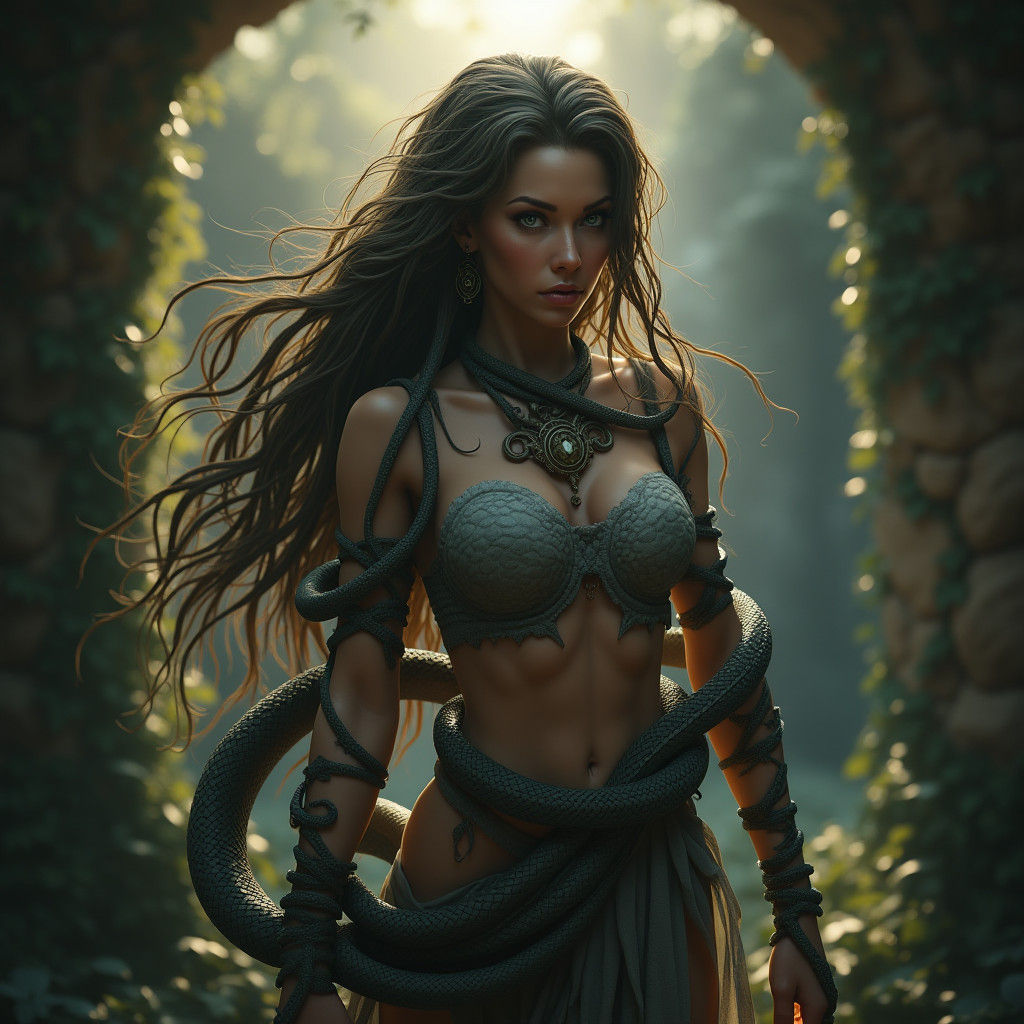 Heroic Serpent Woman in Mystical Ruins