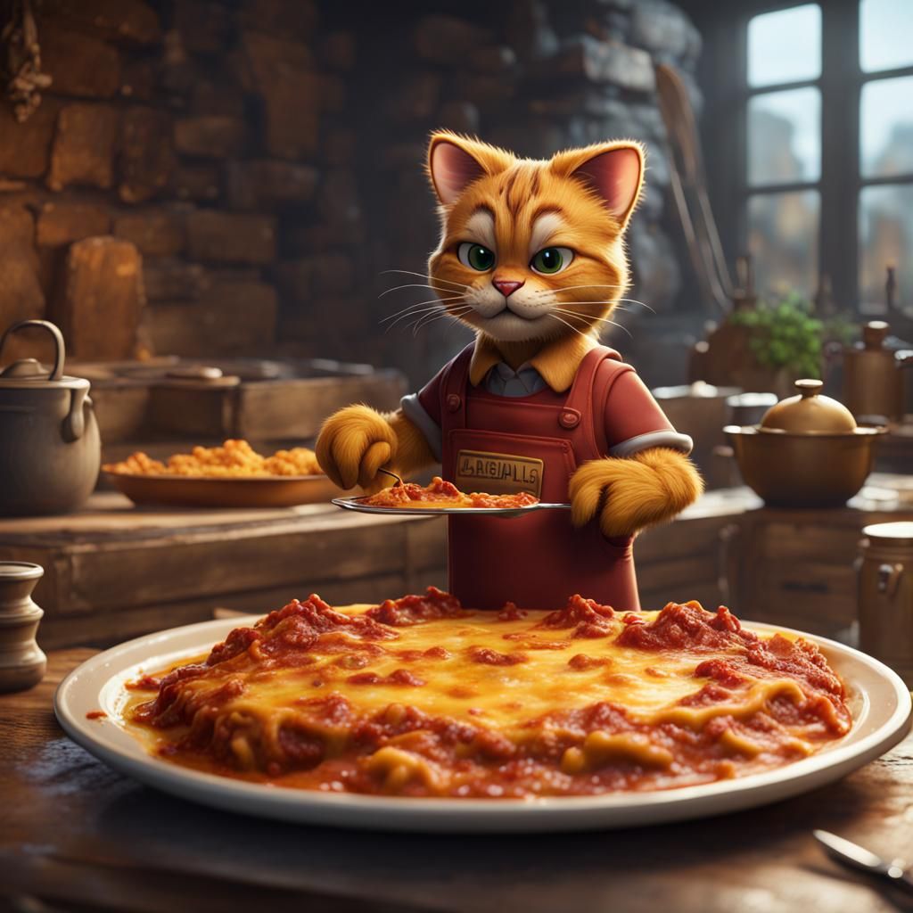 Garfield Enjoys Lasagna in Detailed Digital Art