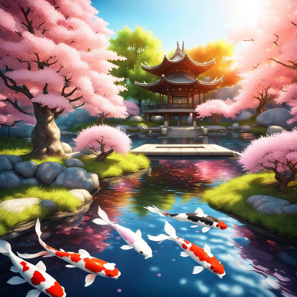 Koi Pond Under Cherry Blossoms in 3D Shading
