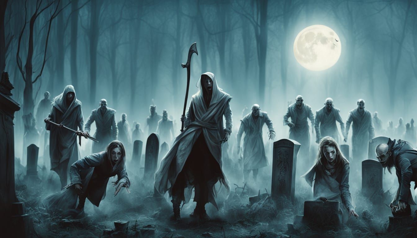 Moonlit Gothic Graveyard: Zombies Rise in Horror Scene