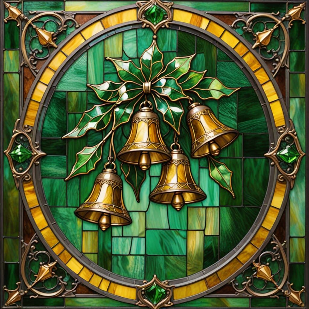 Stained Glass Christmas Bells in Gold and Green