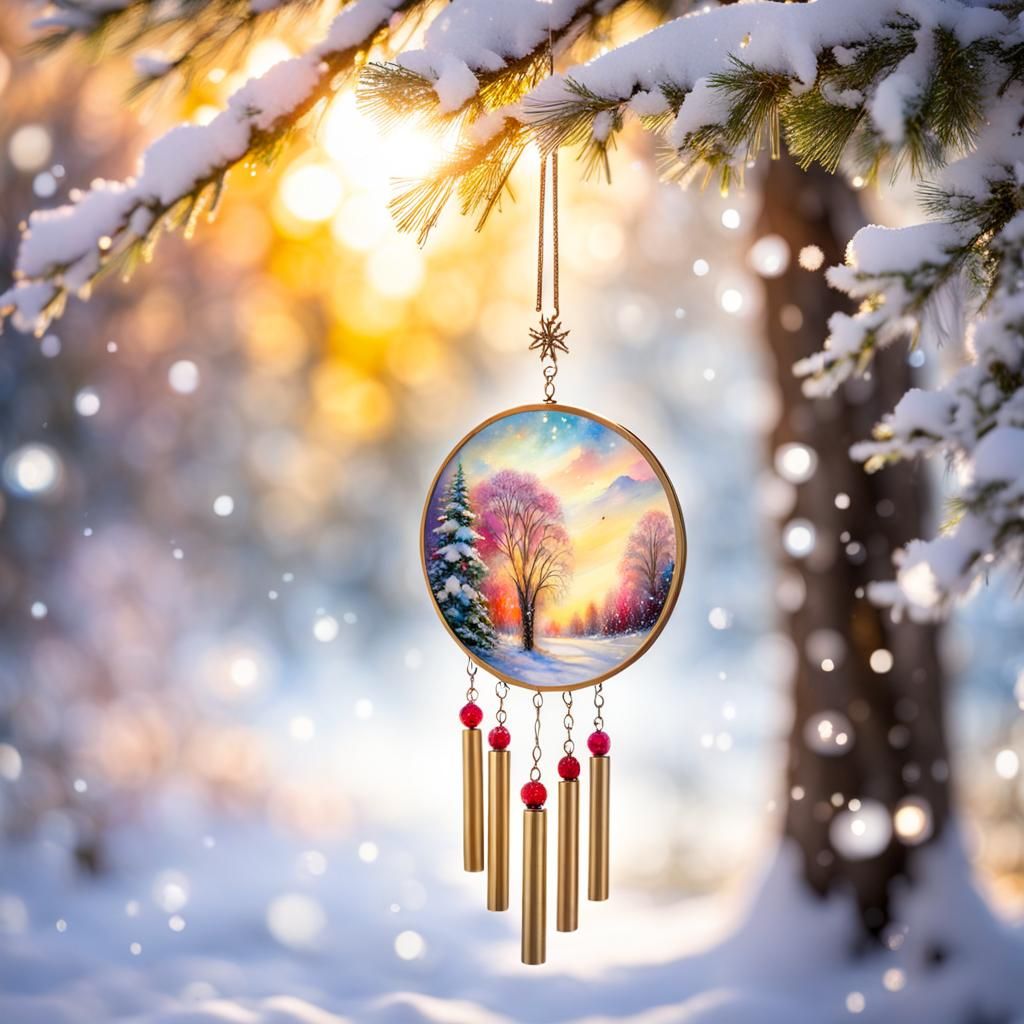 Snowy Tree Wind Chime Watercolor with Bokeh
