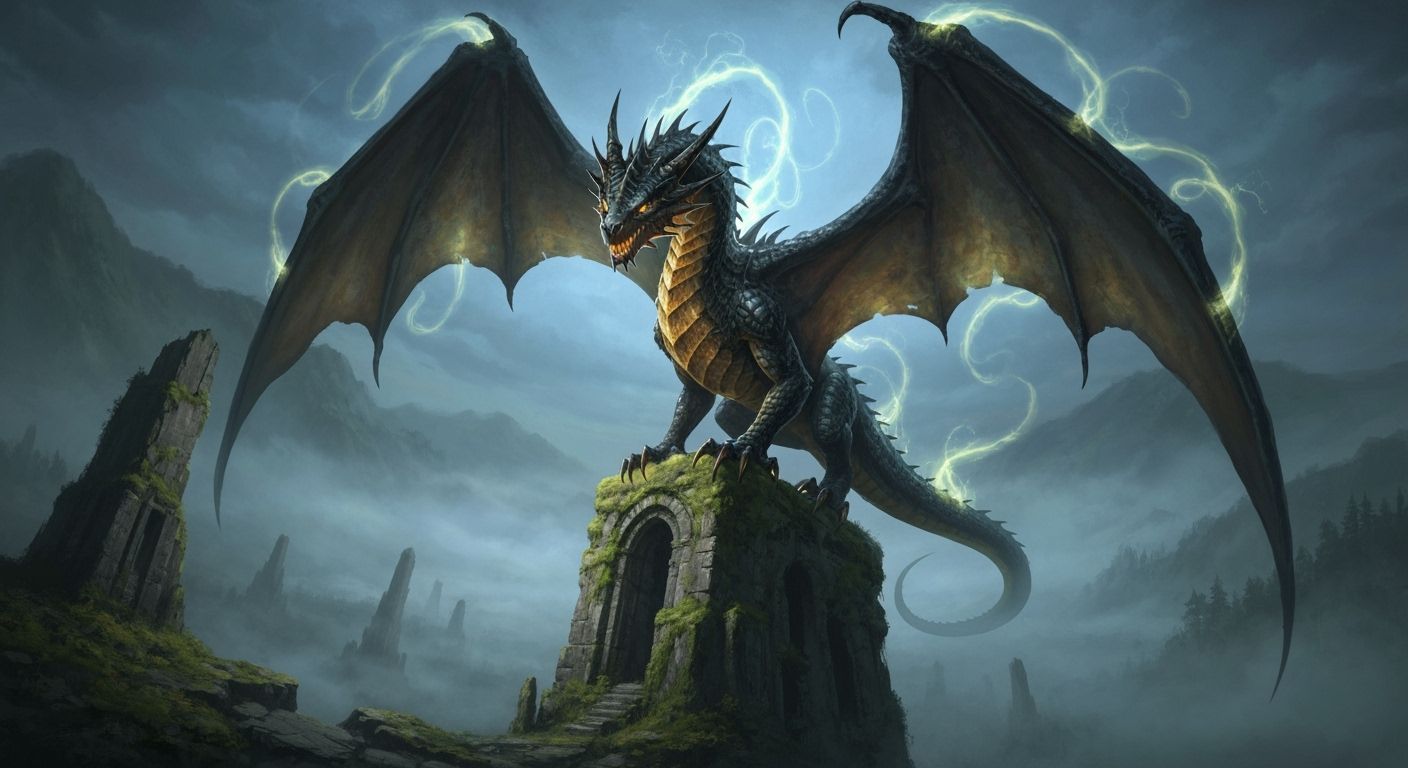 Ancient Obsidian Dragon on Ruin in Misty Valley