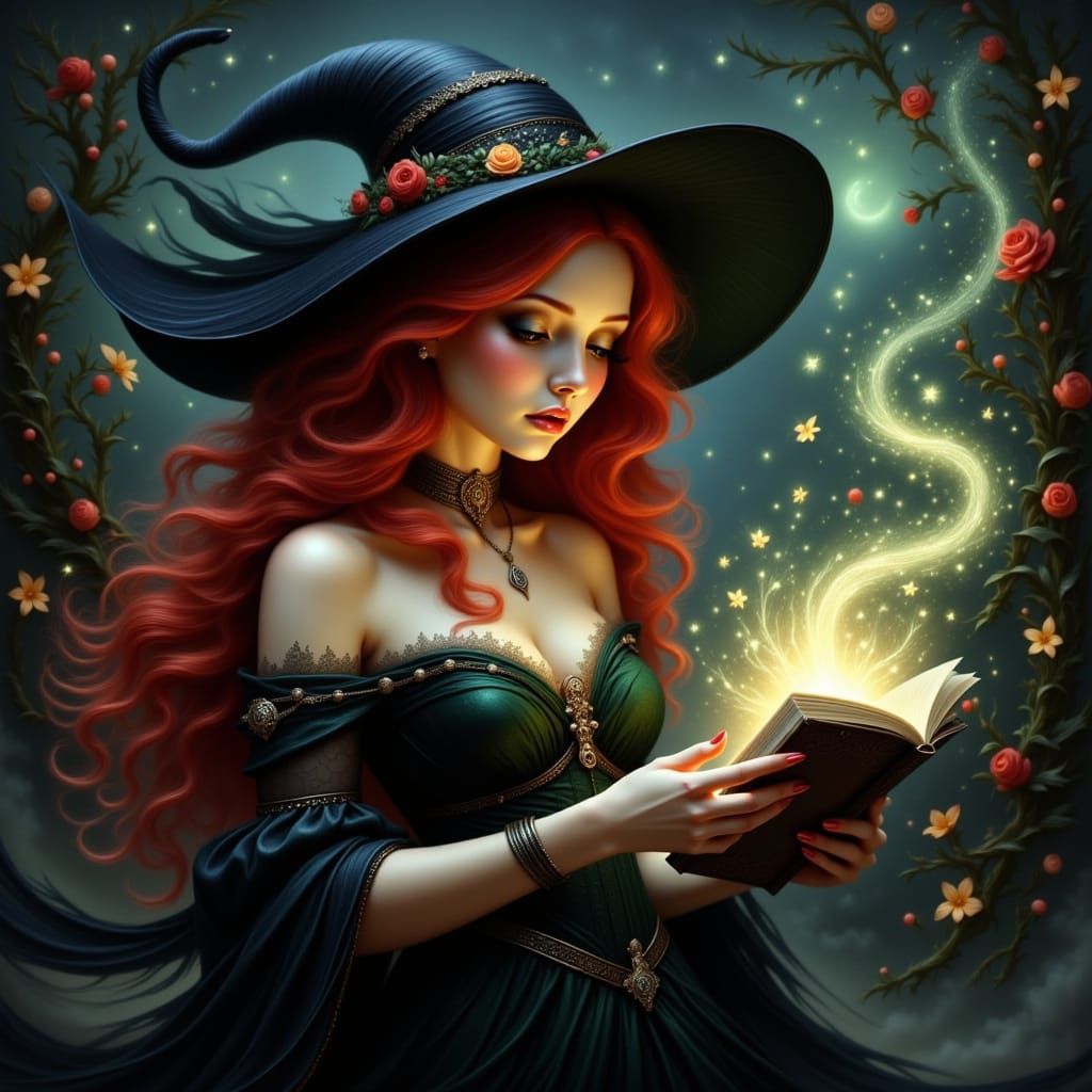 Red-Haired Witch Reading Spellbook in Storybook Style