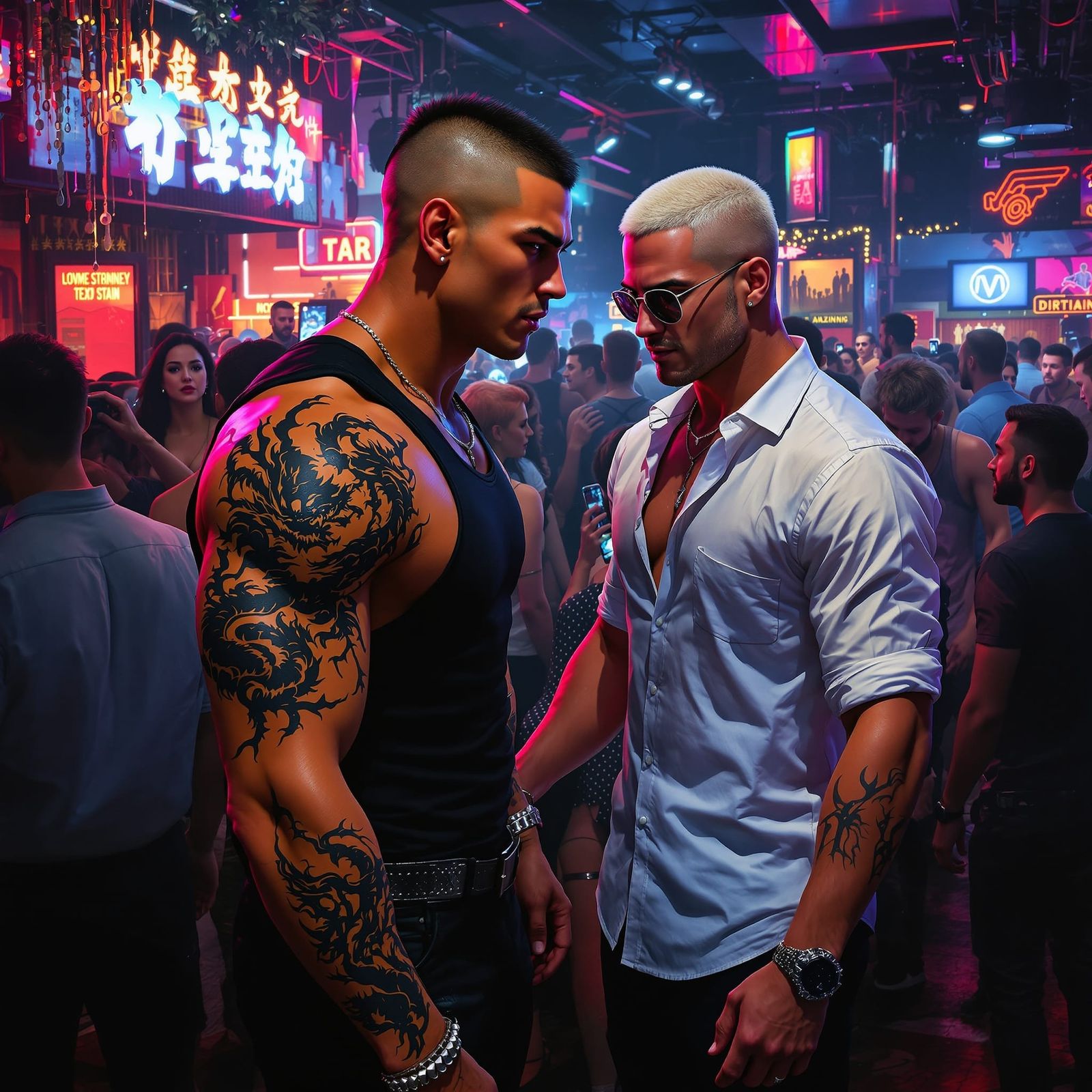 Hyperrealistic Gay Club Scene with Synthwave Neon Colors