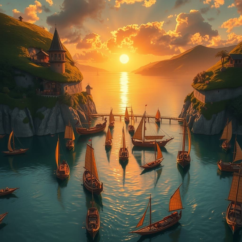 Mystical Fantasy Harbor at Sunset: Aerial View