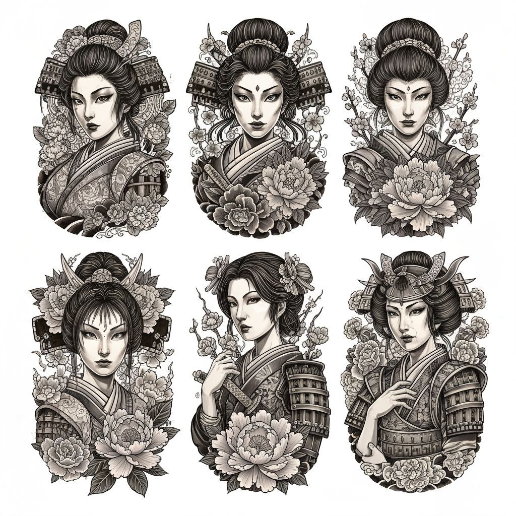 Samurai Warriors Tattoo Design Sheet in Japanese Style
