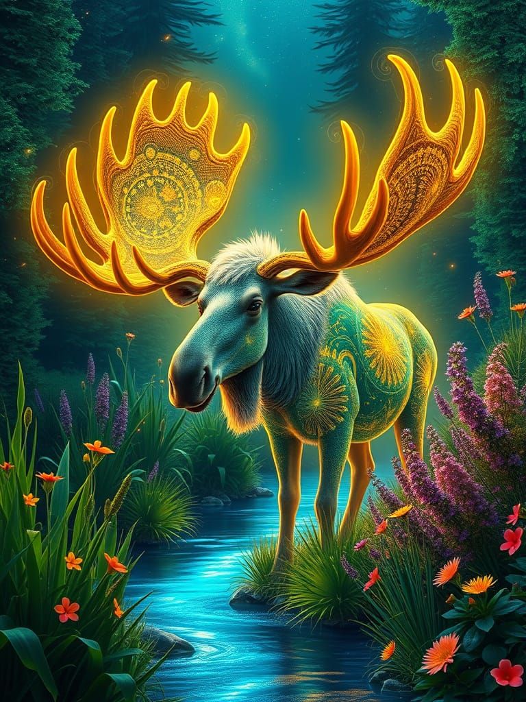 Cosmic Moose with Fractal Antlers in Emerald Landscape