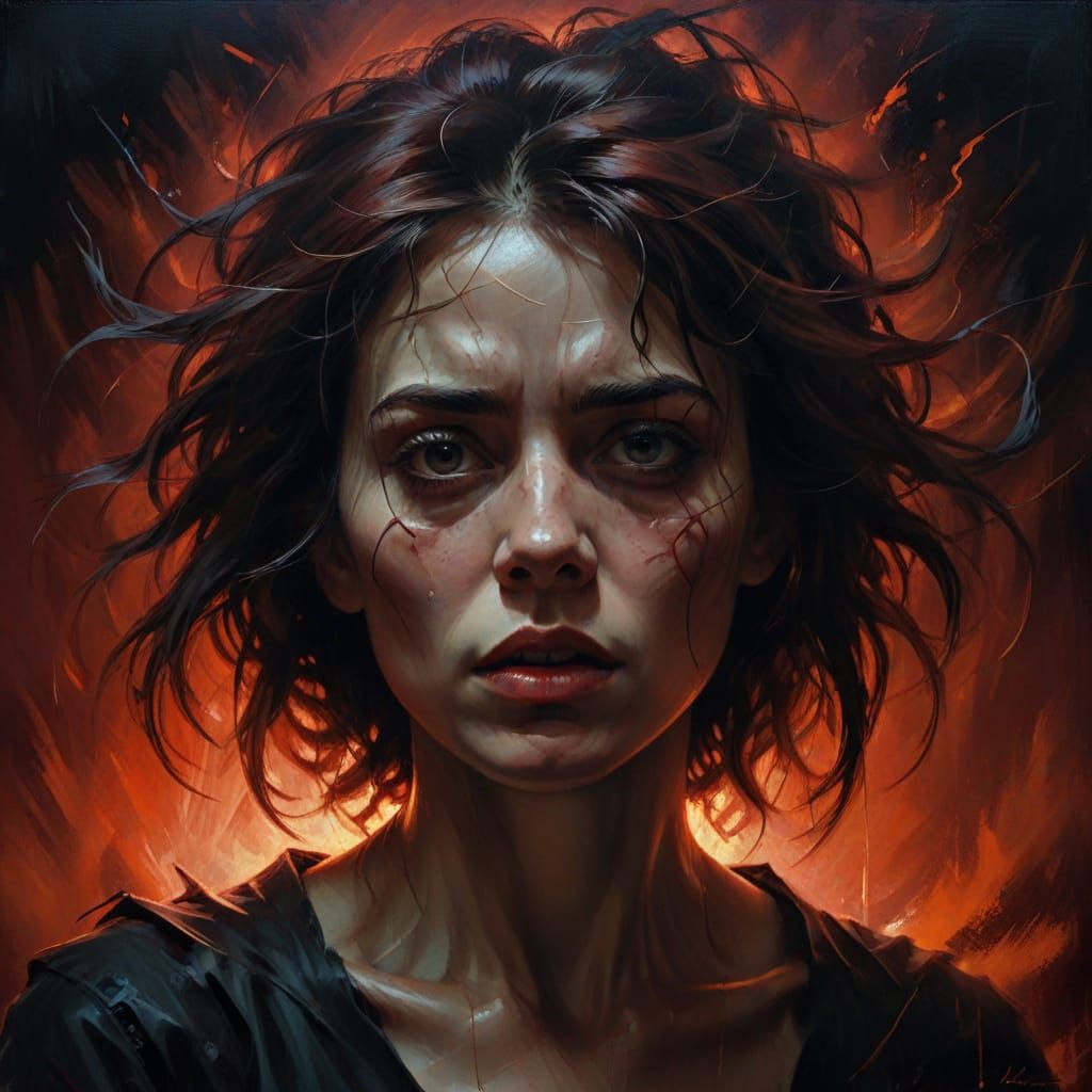 Disturbed Woman in Dark Surreal Oil Painting