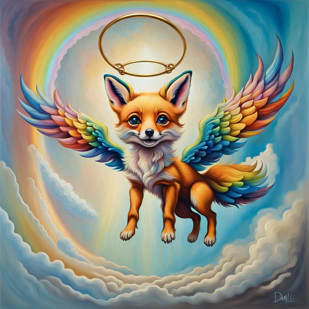 Rainbow Winged Fox Pup in Flight: A Surrealist Vision