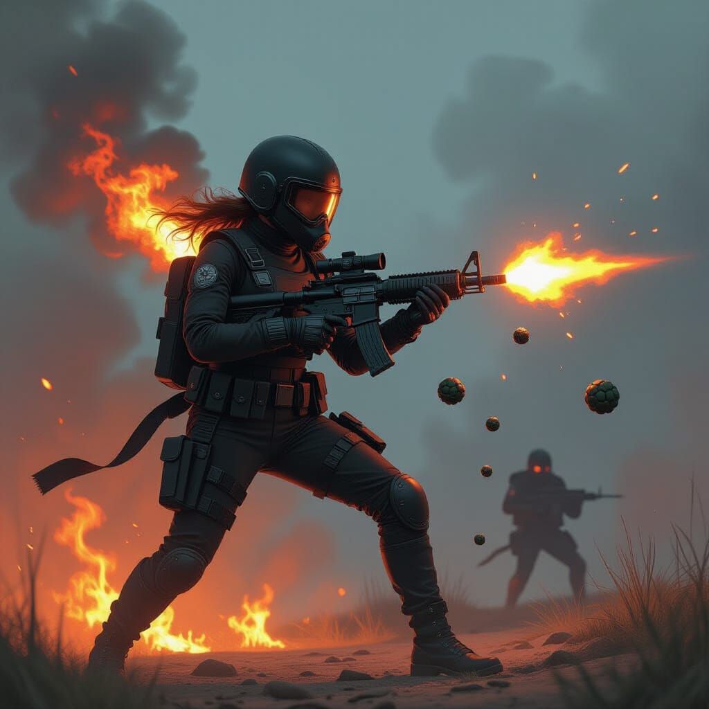 Flaming Woman Wielding Flamethrower in Sci-Fi Scene