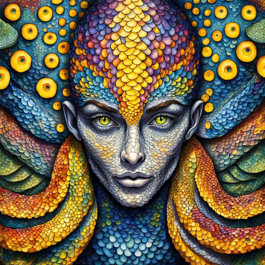 Whimsical Snake-Human Hybrid Portrait in Ink Art Style