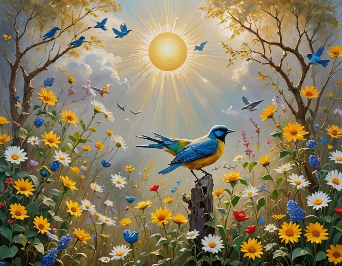 Dreamlike Silver Girl in Golden Garden